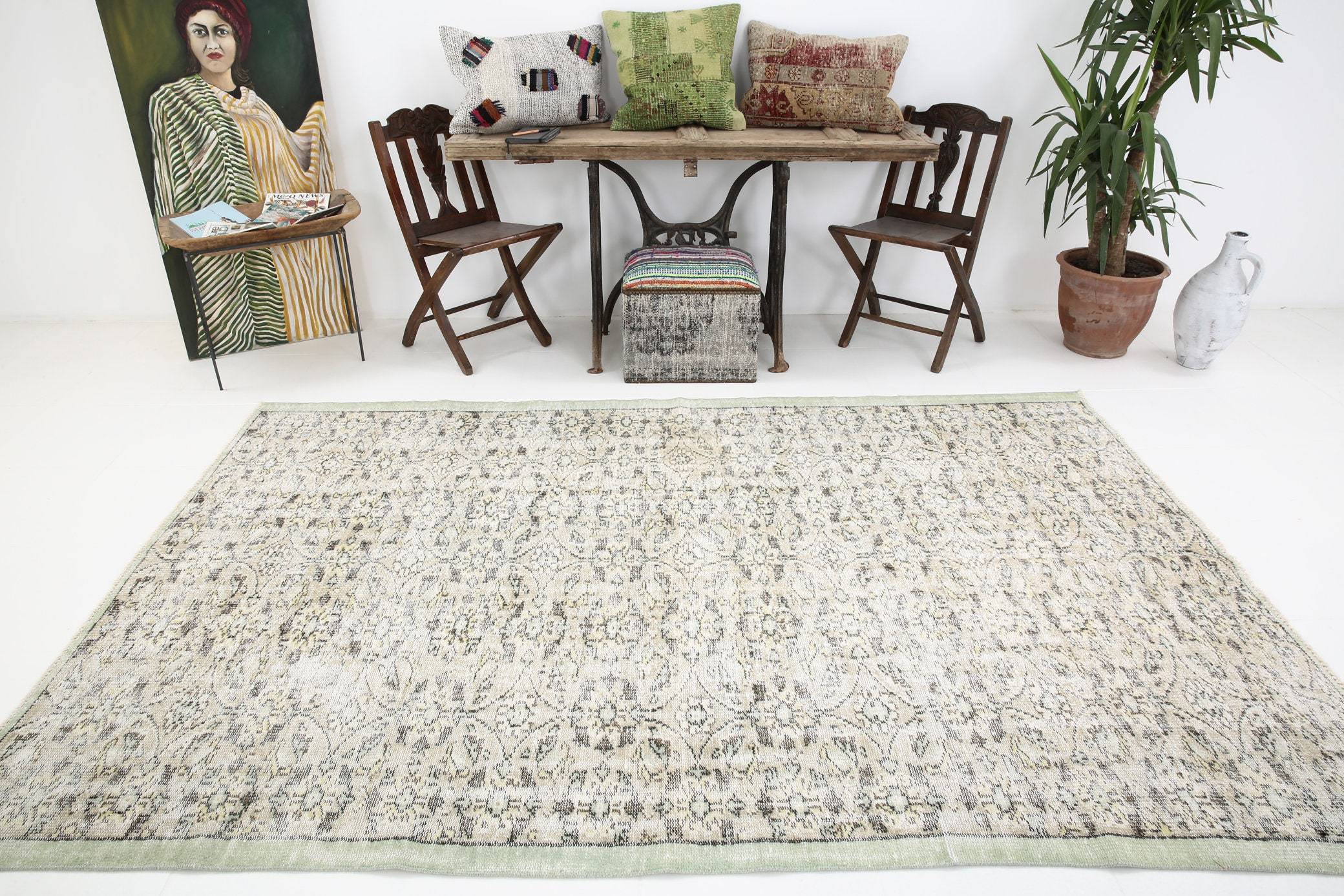 5' x 9' Vintage rug, Cotton Vintage rug, Country-Farmhouse Vintage rug, Dorm Vintage rug, Kitchen-Dining Vintage rug, Laundry Vintage rug, Living Room Vintage rug, Office Vintage rug, Plants-Trees Vintage rug, Tan-Ivory Vintage rug, Vintage, Wool Vintage rug, Vintage rug