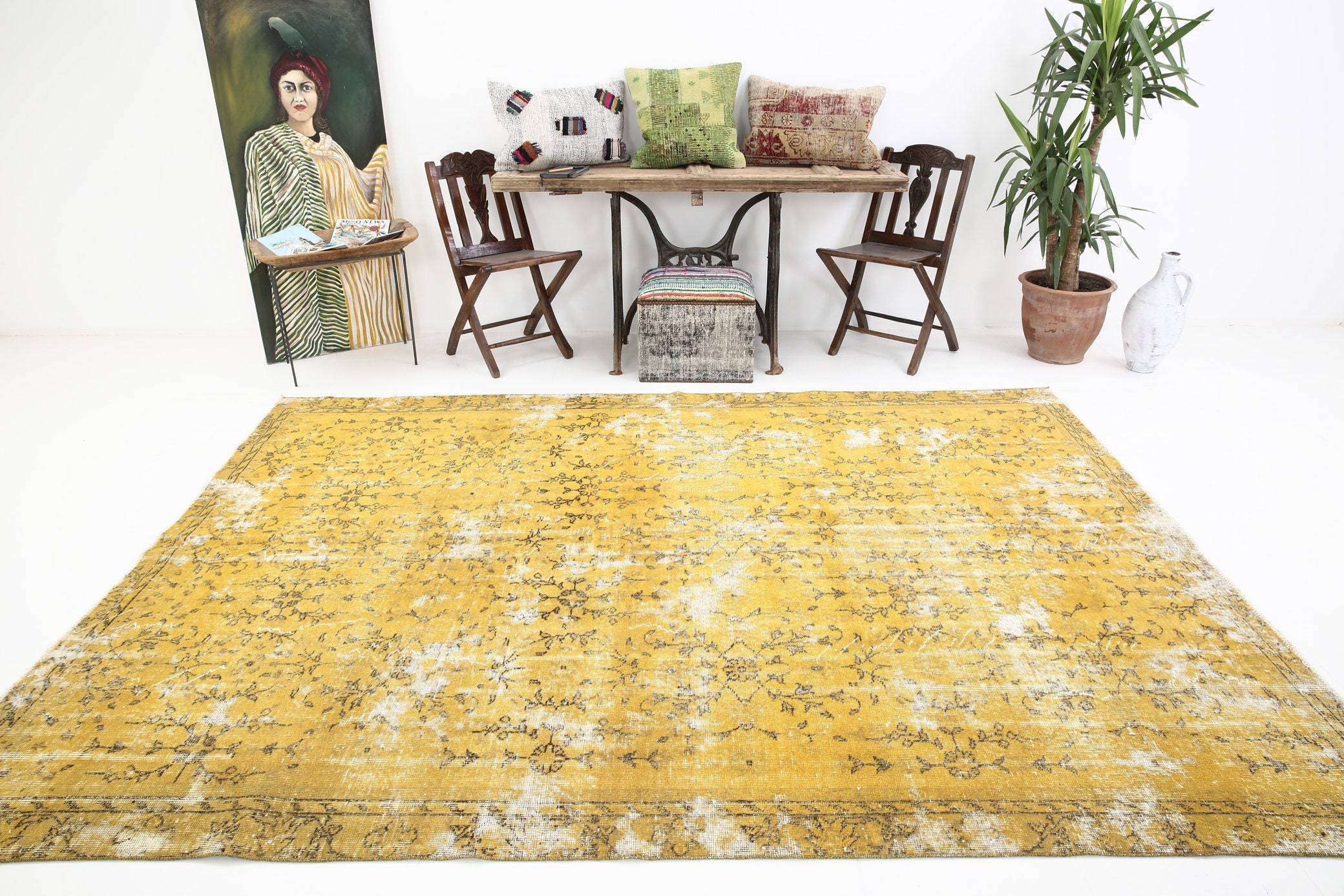 7' x 10' Vintage rug, Cotton Vintage rug, Dorm Vintage rug, Floral Vintage rug, Kids Vintage rug, Kitchen-Dining Vintage rug, Living Room Vintage rug, Office Vintage rug, Overdyed Vintage rug, Vintage Vintage rug, Wool, Yellow-Gold Vintage rug, Vintage rug