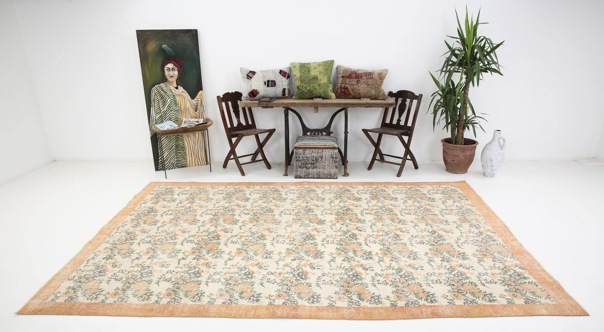 7' x 10' Vintage rug, Cotton Vintage rug, Country-Farmhouse Vintage rug, Dorm Vintage rug, Floral Vintage rug, Kids Vintage rug, Laundry Vintage rug, Living Room Vintage rug, Office Vintage rug, Tan-Ivory Vintage rug, Vintage, Wool Vintage rug, Vintage rug