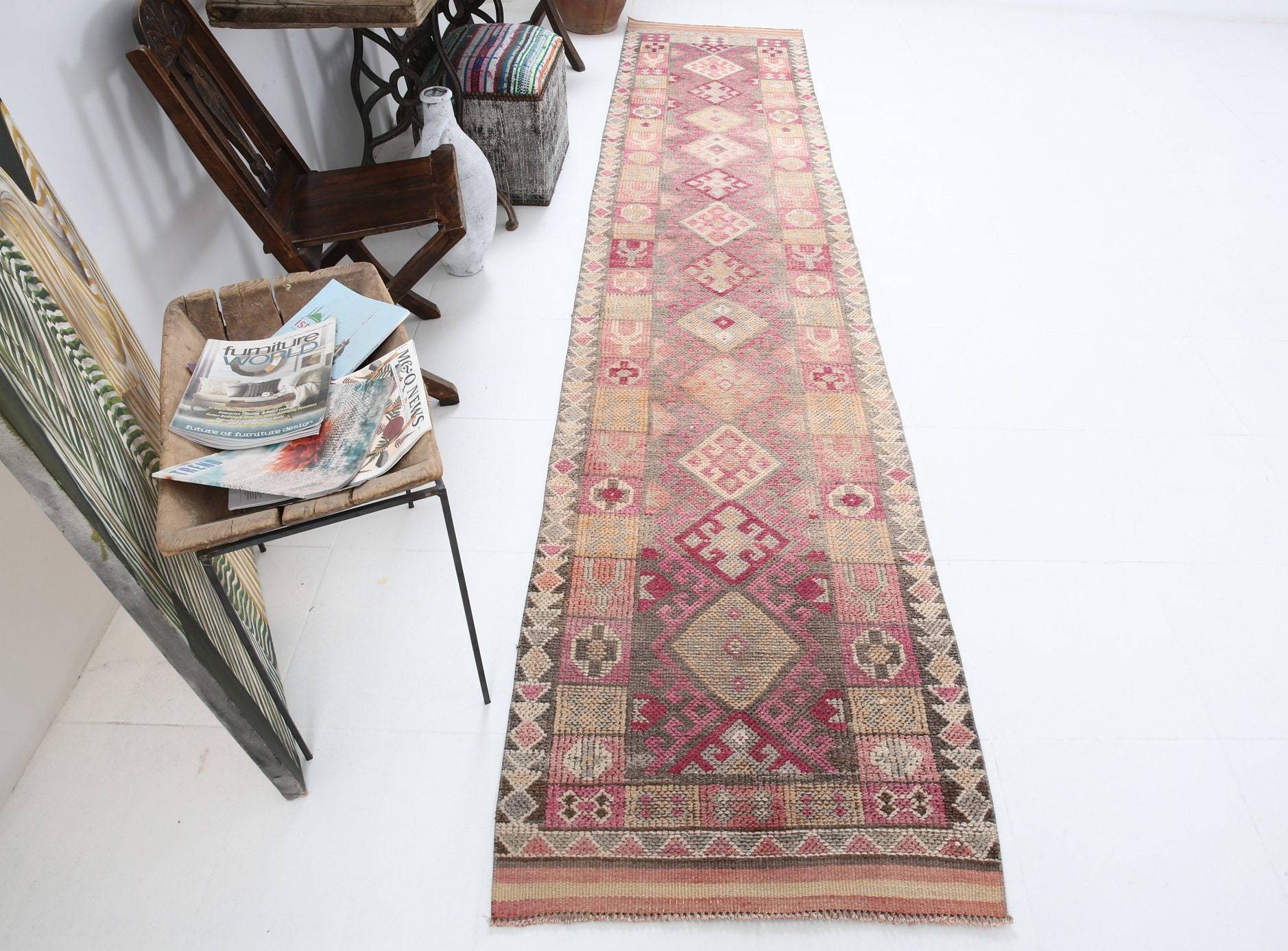 2' x 12' Vintage rug, Bedroom Vintage rug, Cotton Vintage rug, Dorm Vintage rug, Entryway-Hallway Vintage rug, Geometric Vintage rug, Living Room Vintage rug, Nursery Vintage rug, Pink Vintage rug, Rustic-Primitive Vintage rug, Vintage Herki, Wool Vintage rug, Vintage rug