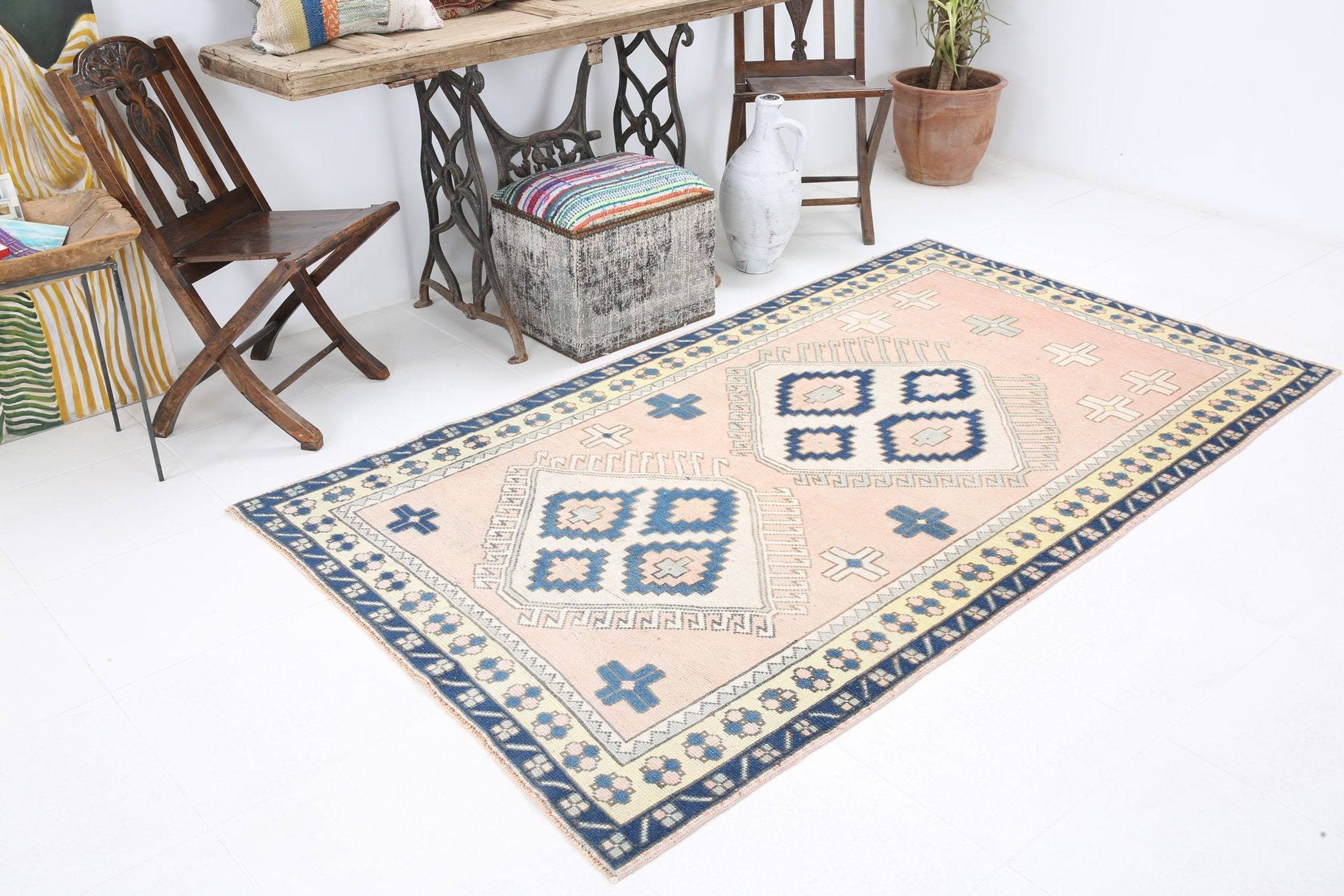 4' x 7' Vintage rug, Blue Vintage rug, Cotton Vintage rug, Kids Vintage rug, Kitchen-Dining Vintage rug, Living Room Vintage rug, Nursery Vintage rug, Office Vintage rug, Scandinavian Vintage rug, Southwestern Vintage rug, Vintage, Wool Vintage rug, Vintage rug