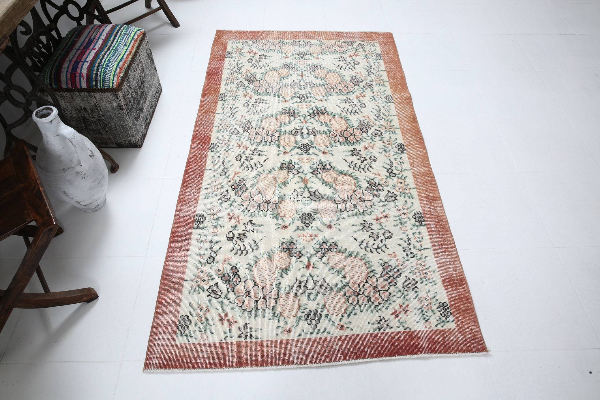 3' x 6' Vintage rug, Bohemian-Eclectic Vintage rug, Cotton Vintage rug, Dorm Vintage rug, Floral Vintage rug, Kids Vintage rug, Kitchen-Dining Vintage rug, Living Room Vintage rug, Office Vintage rug, Tan-Ivory Vintage rug, Vintage, Wool Vintage rug, Vintage rug