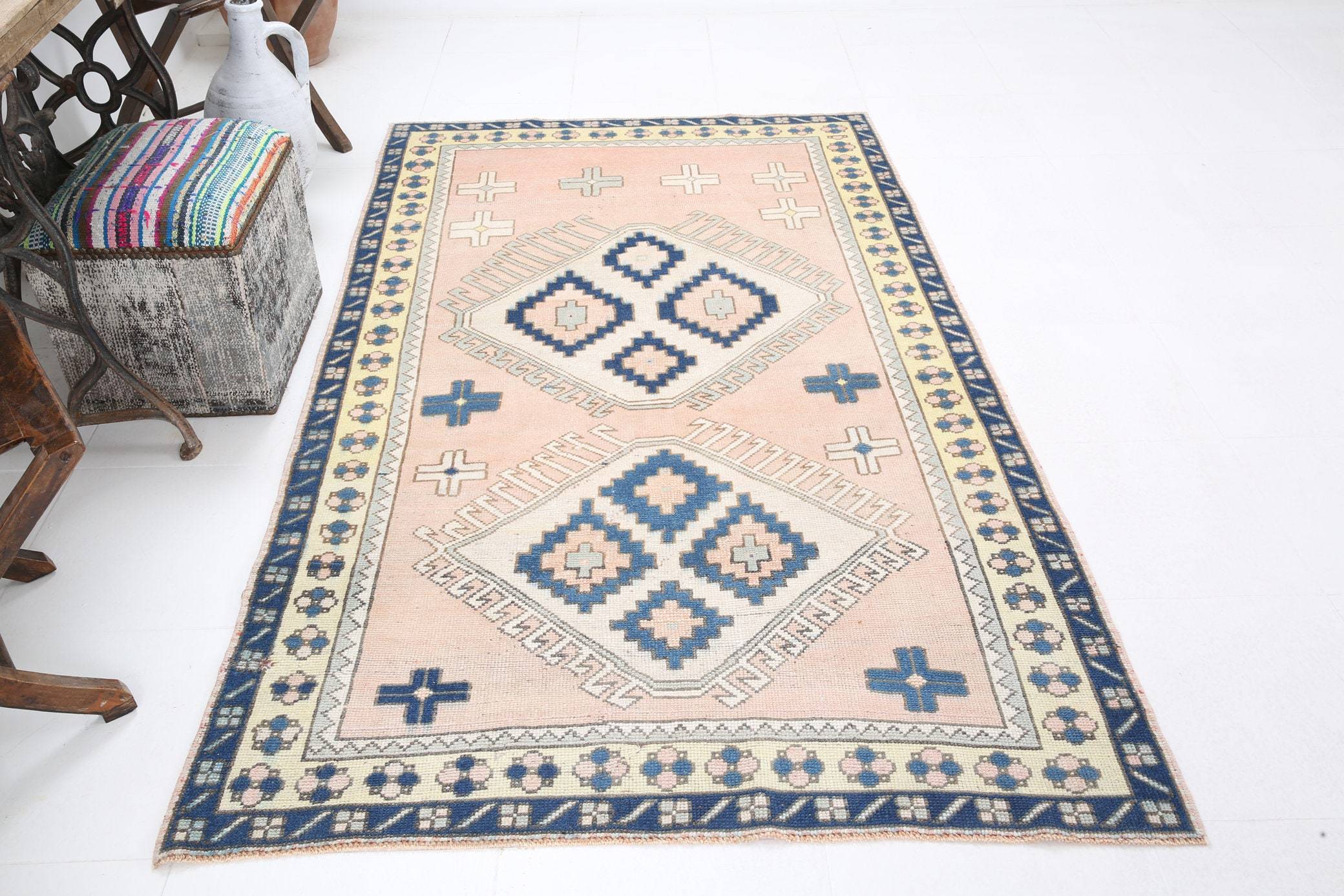 4' x 7' Vintage rug, Blue Vintage rug, Cotton Vintage rug, Kids Vintage rug, Kitchen-Dining Vintage rug, Living Room Vintage rug, Nursery Vintage rug, Office Vintage rug, Scandinavian Vintage rug, Southwestern Vintage rug, Vintage, Wool Vintage rug, Vintage rug