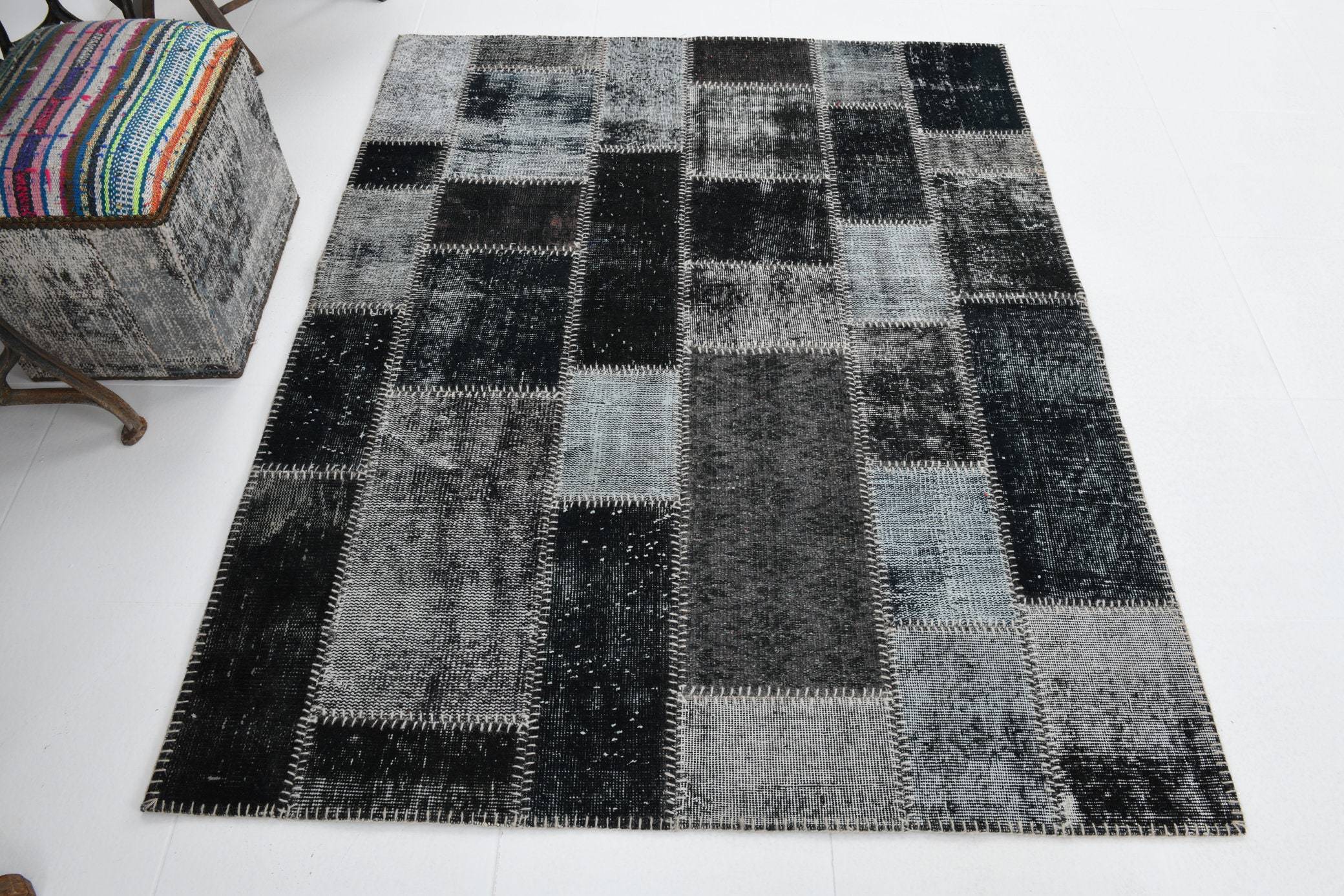 4' x 5' Black-Gray Turkish Vintage Patchwork Rug  |  RugReform