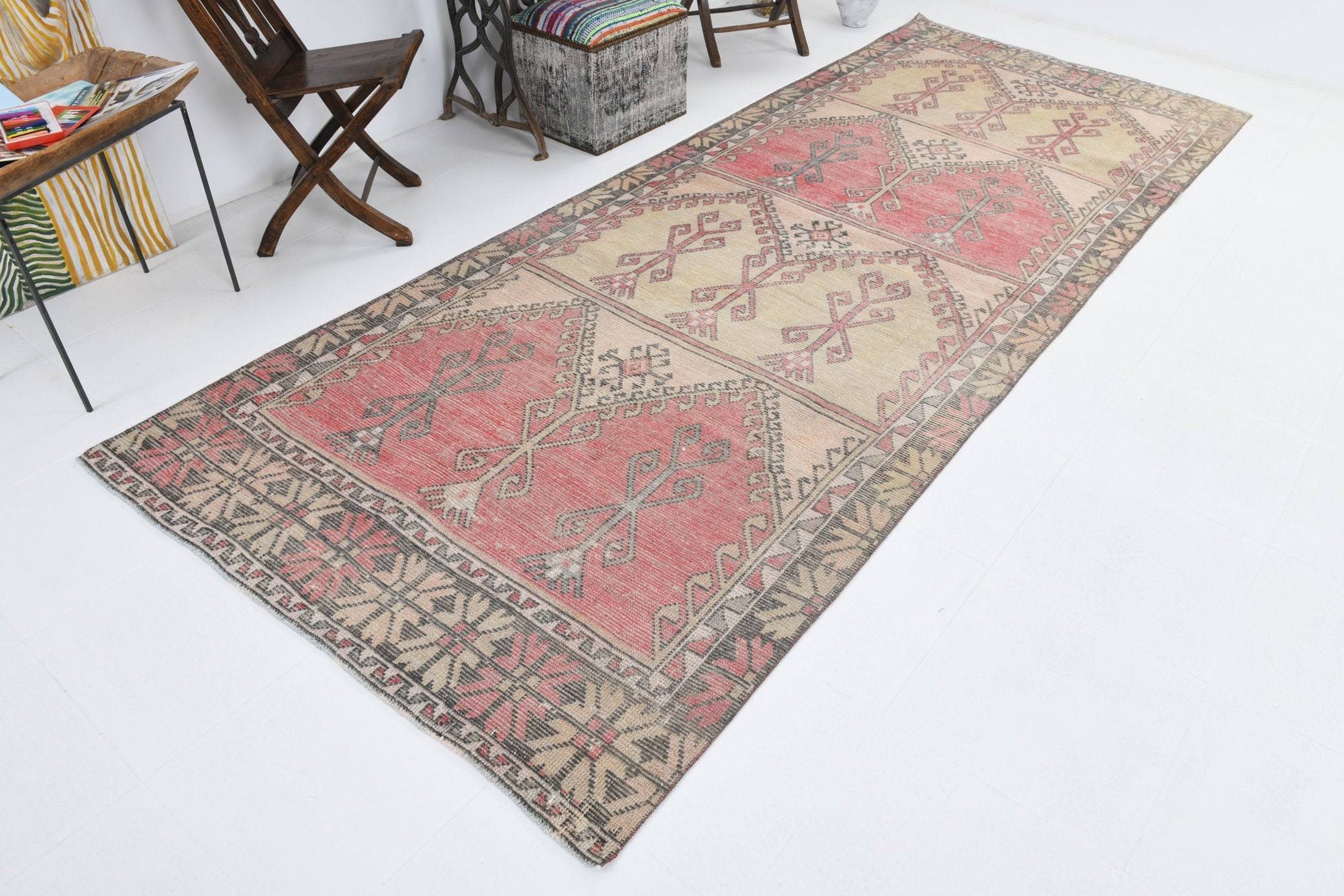 4' x 10' Vintage rug, Abstract Vintage rug, Bedroom Vintage rug, Bohemian-Eclectic Vintage rug, Cotton Vintage rug, Entryway-Hallway Vintage rug, Kitchen-Dining Vintage rug, Living Room Vintage rug, Nursery Vintage rug, Red Vintage rug, Vintage, Wool Vintage rug, Vintage rug