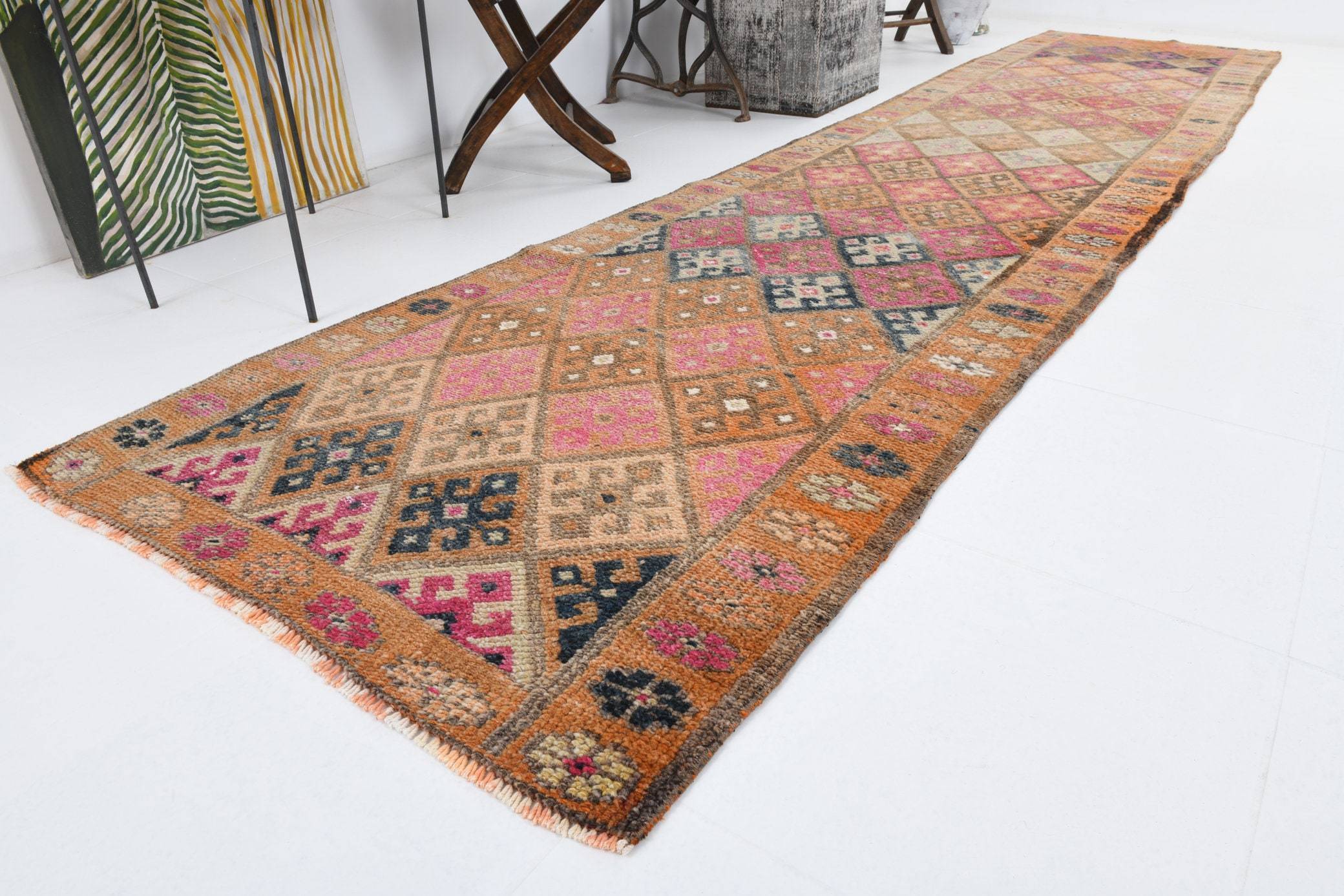 2' x 13' Vintage rug, Bedroom Vintage rug, Cotton Vintage rug, Geometric Vintage rug, Kitchen-Dining Vintage rug, Living Room Vintage rug, Nursery Vintage rug, Office Vintage rug, Pink Vintage rug, Scandinavian Vintage rug, Vintage Herki, Wool Vintage rug, Vintage rug