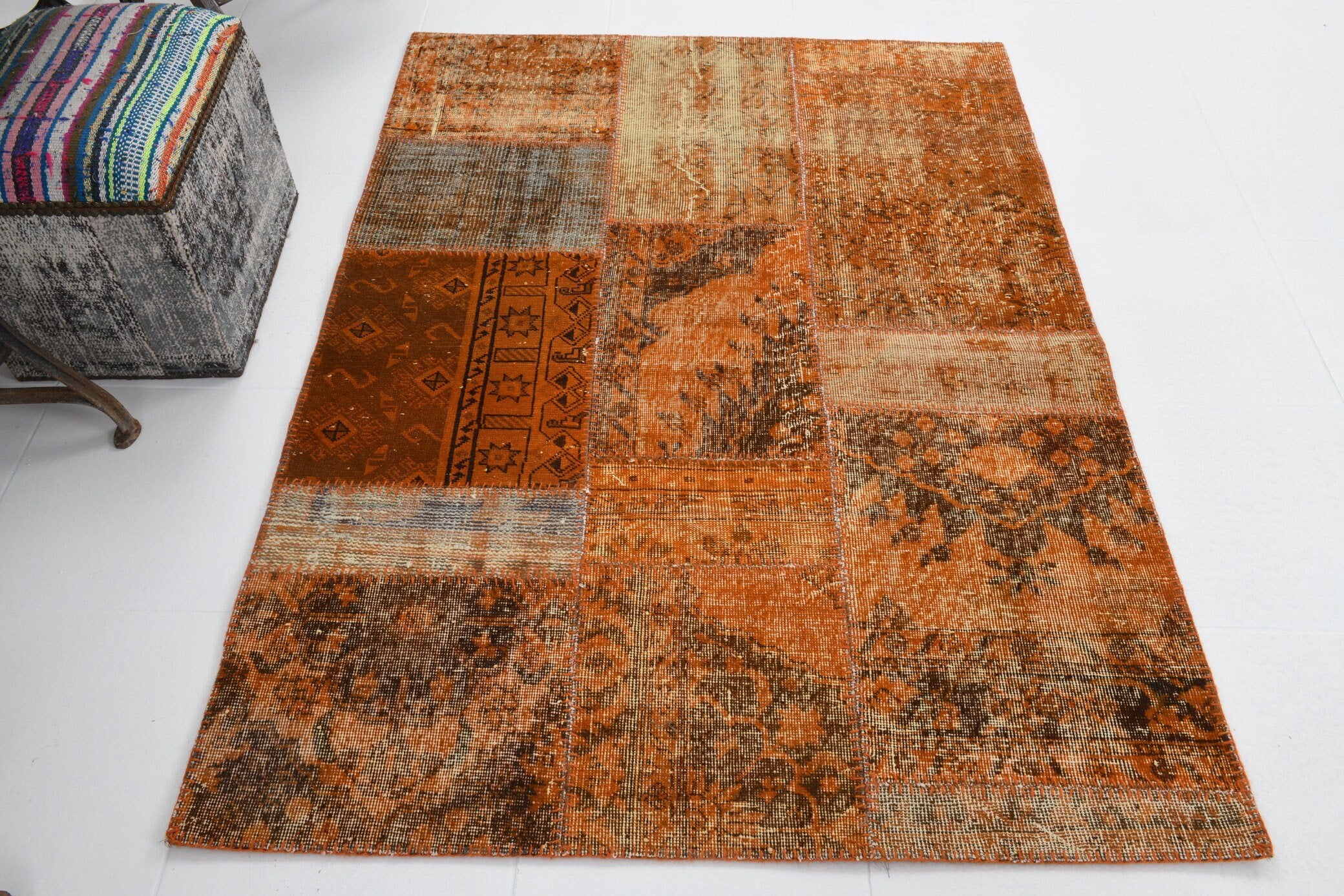 4' x 5' Orange Turkish Vintage Patchwork Rug  |  RugReform