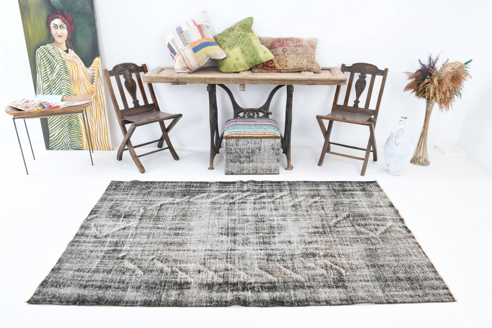 4' x 7' Vintage rug, Black-Gray Vintage rug, Camouflage Vintage rug, Cotton Vintage rug, Distressed Vintage rug, Dorm Vintage rug, Kitchen-Dining Vintage rug, Living Room Vintage rug, Nursery Vintage rug, Office Vintage rug, Vintage, Wool Vintage rug, Vintage rug