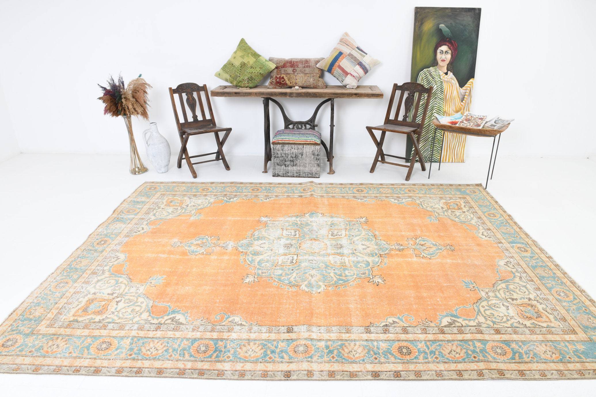 7' x 10' Vintage rug, Cotton Vintage rug, Country-Farmhouse Vintage rug, Dorm Vintage rug, Kids Vintage rug, Kitchen-Dining Vintage rug, Living Room Vintage rug, Office Vintage rug, Orange Vintage rug, Oriental Vintage rug, Vintage, Wool Vintage rug, Vintage rug