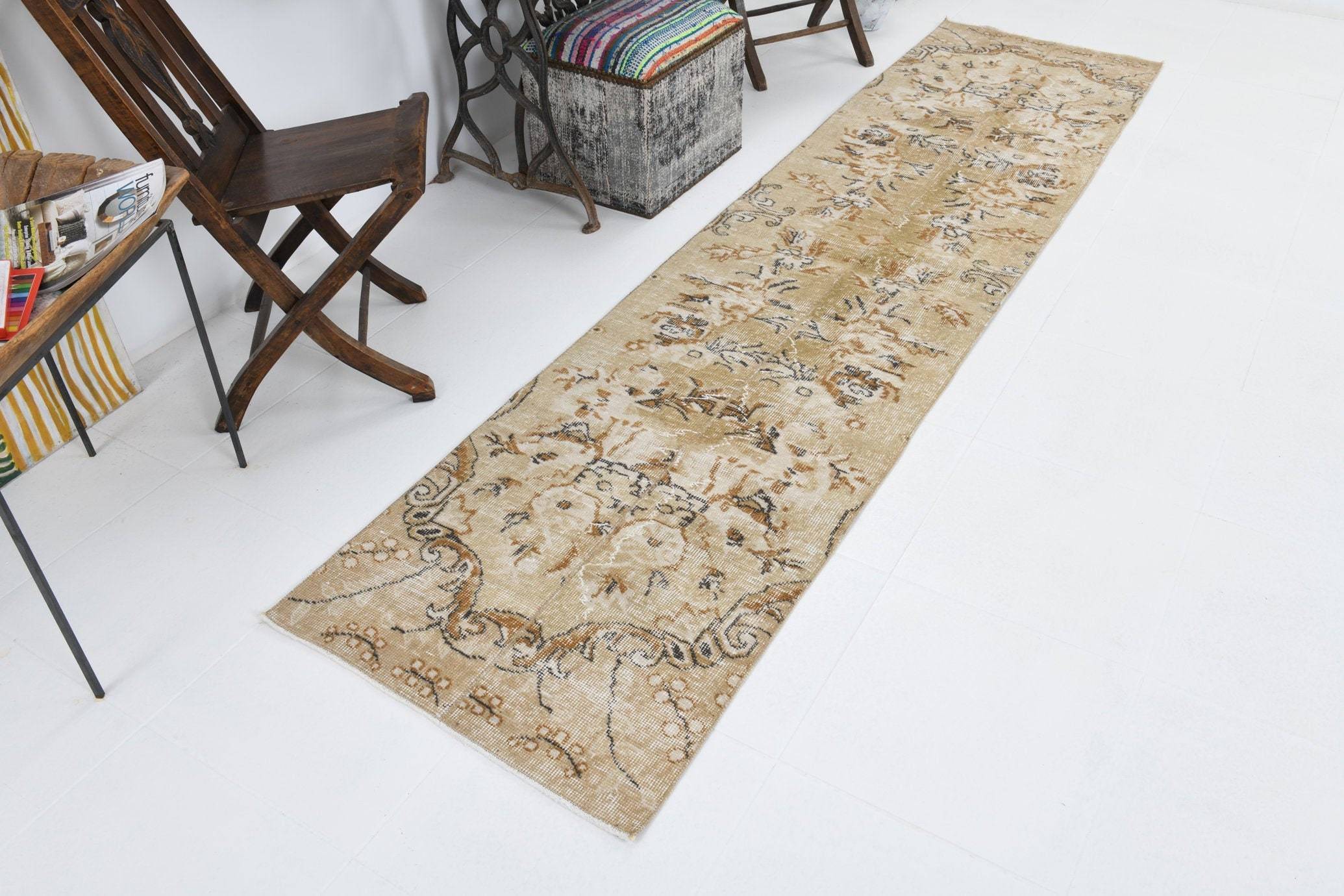 2' x 9' Vintage rug, Bedroom Vintage rug, Cotton Vintage rug, Distressed Vintage rug, Entryway-Hallway Vintage rug, Floral Vintage rug, Kitchen-Dining Vintage rug, Living Room Vintage rug, Office Vintage rug, Tan-Ivory Vintage rug, Vintage Runner, Wool Vintage rug, Vintage rug