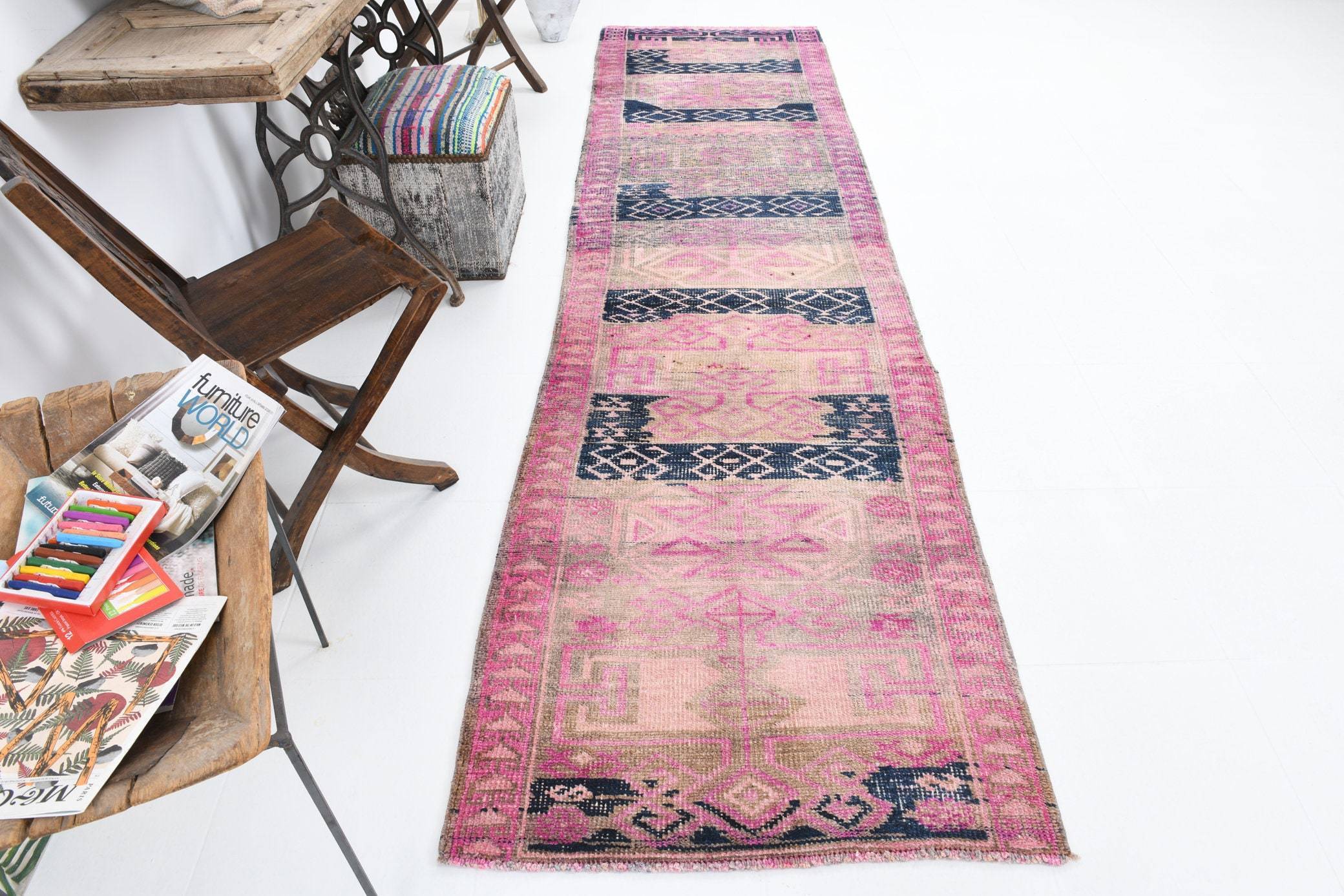 2' x 11' Vintage rug, Cotton Vintage rug, Distressed Vintage rug, Dorm Vintage rug, Entryway-Hallway Vintage rug, Kitchen-Dining Vintage rug, Living Room Vintage rug, Nursery Vintage rug, Oriental Vintage rug, Pink Vintage rug, Vintage Herki, Wool Vintage rug, Vintage rug