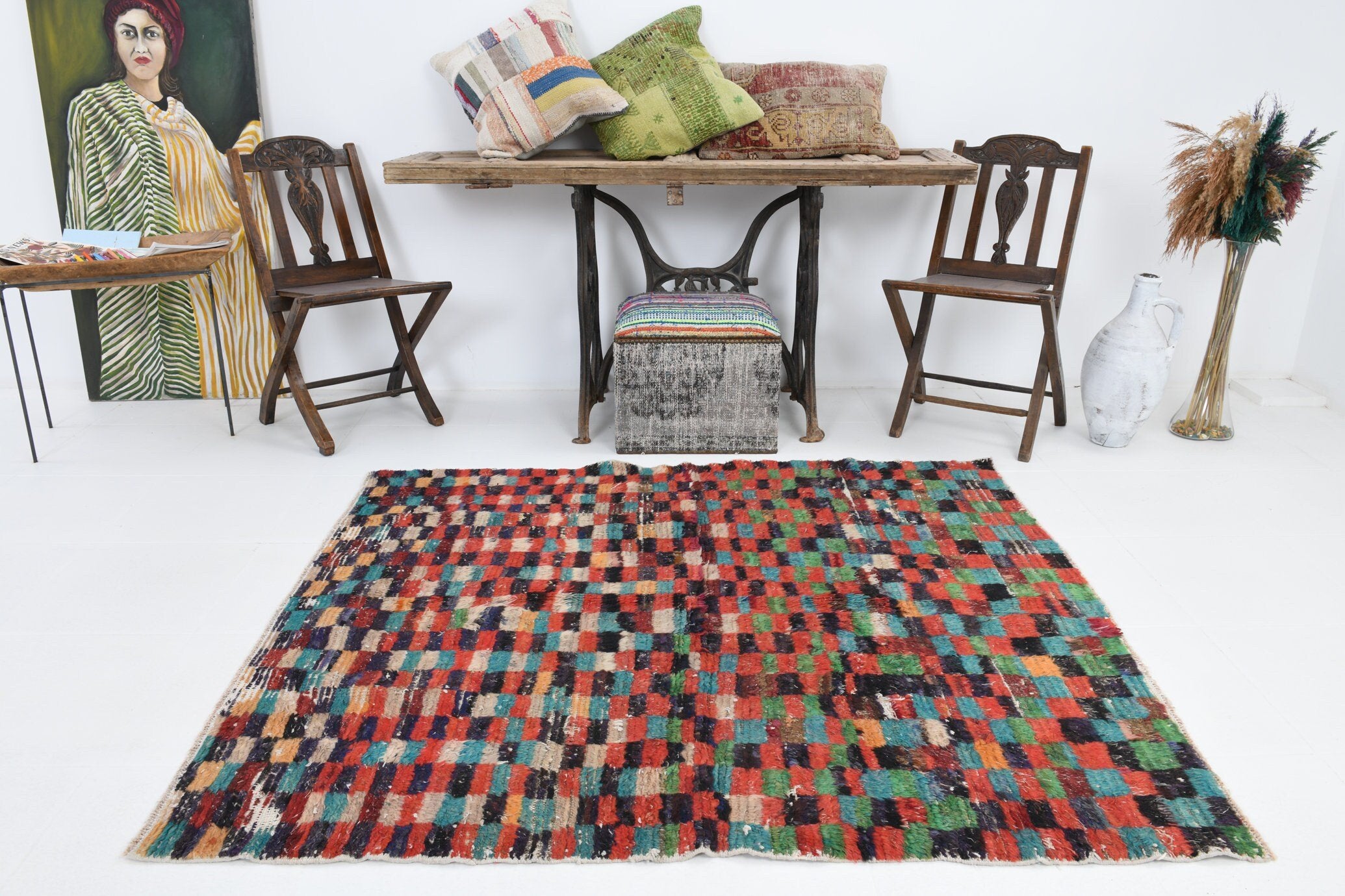 4' x 5' Vintage rug, Cotton Vintage rug, Dorm Vintage rug, Kids Vintage rug, Living Room Vintage rug, Multi Color Vintage rug, Nursery Vintage rug, Office Vintage rug, Polka dot Vintage rug, Rustic-Primitive Vintage rug, Vintage, Wool Vintage rug, Vintage rug