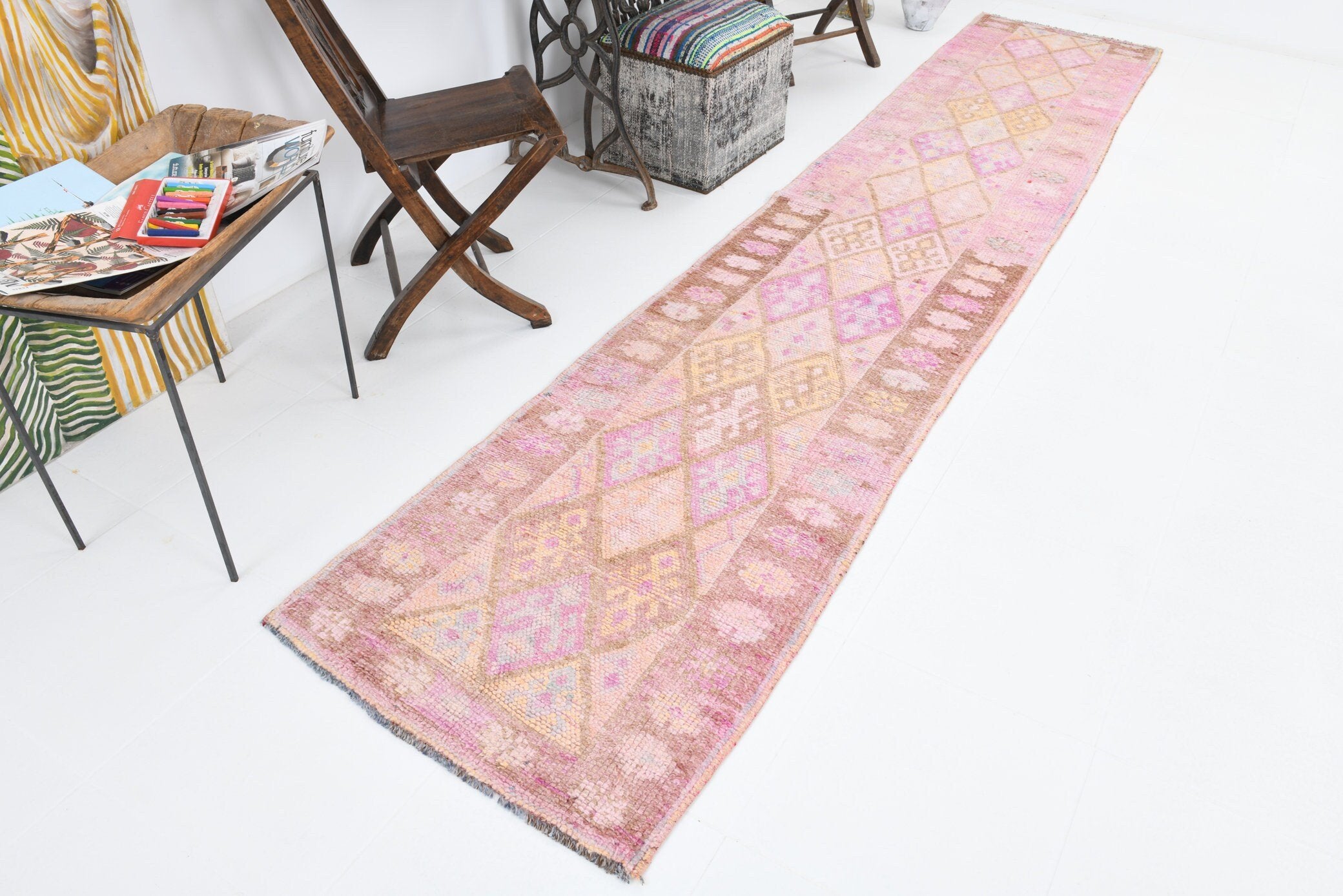 2' x 12' Vintage rug, Cotton Vintage rug, Entryway-Hallway Vintage rug, Ikat Vintage rug, Kitchen-Dining Vintage rug, Laundry Vintage rug, Living Room Vintage rug, Office Vintage rug, Pink Vintage rug, Scandinavian Vintage rug, Vintage Herki, Wool Vintage rug, Vintage rug