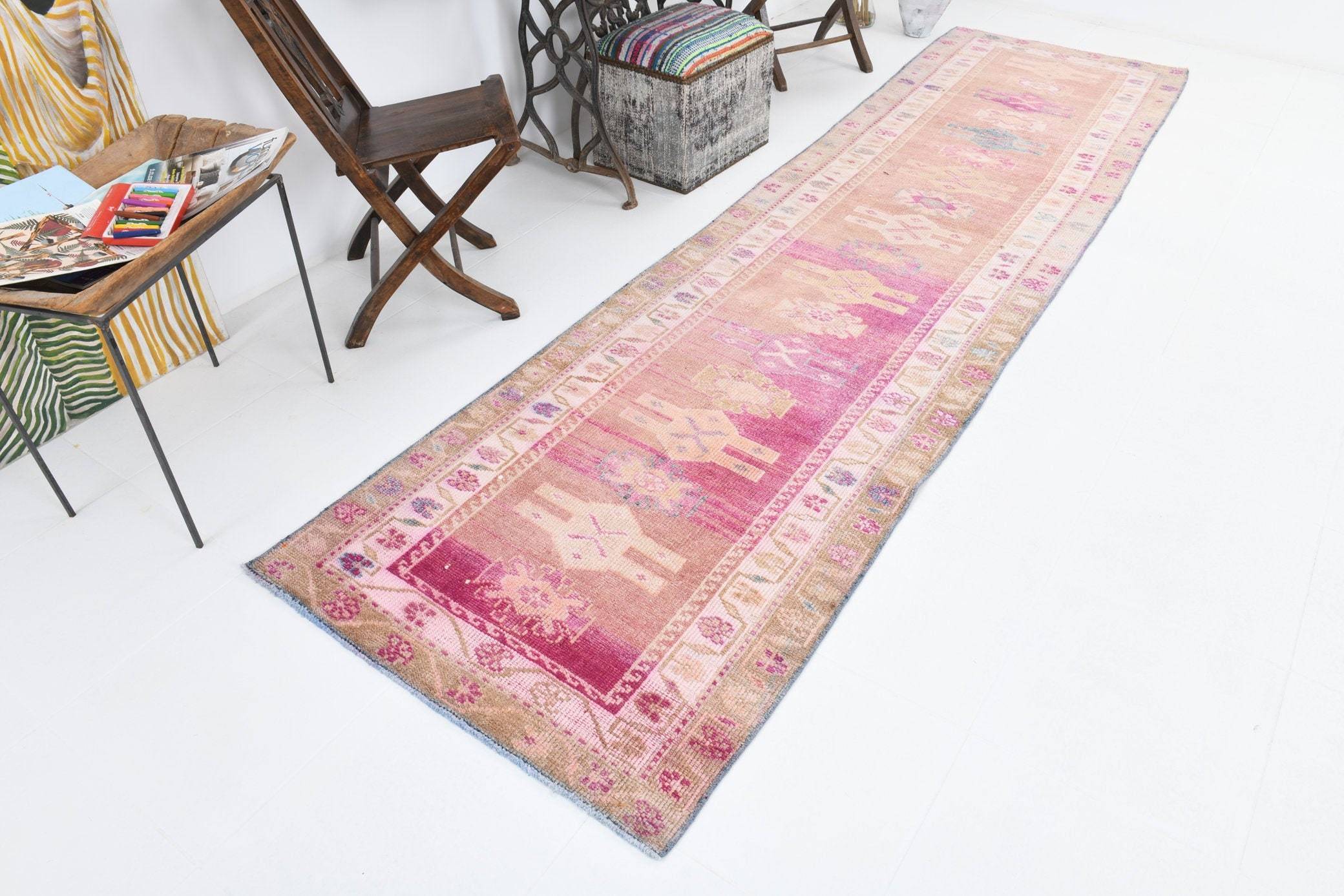 3' x 11' Vintage rug, Bohemian-Eclectic Vintage rug, Cotton Vintage rug, Entryway-Hallway Vintage rug, Kitchen-Dining Vintage rug, Laundry Vintage rug, Living Room Vintage rug, Office Vintage rug, Pink Vintage rug, Southwestern Vintage rug, Vintage Herki, Wool Vintage rug, Vintage rug