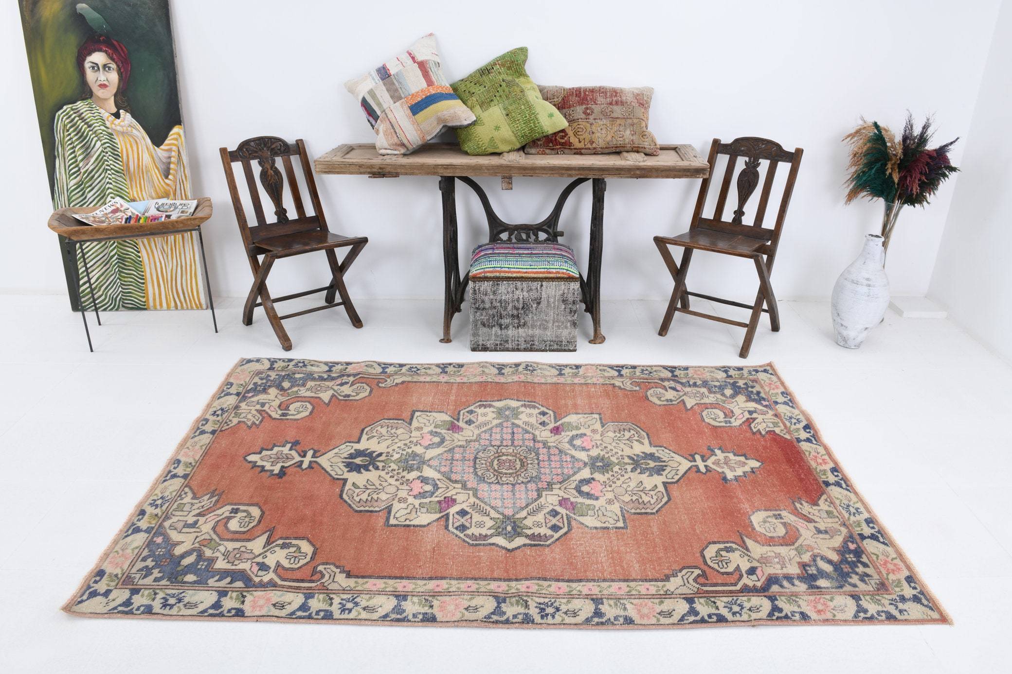 4' x 7' Vintage rug, Cotton Vintage rug, Dorm Vintage rug, Kids Vintage rug, Kitchen-Dining Vintage rug, Living Room Vintage rug, Office Vintage rug, Oriental Vintage rug, Red Vintage rug, Rustic-Primitive Vintage rug, Vintage, Wool Vintage rug, Vintage rug