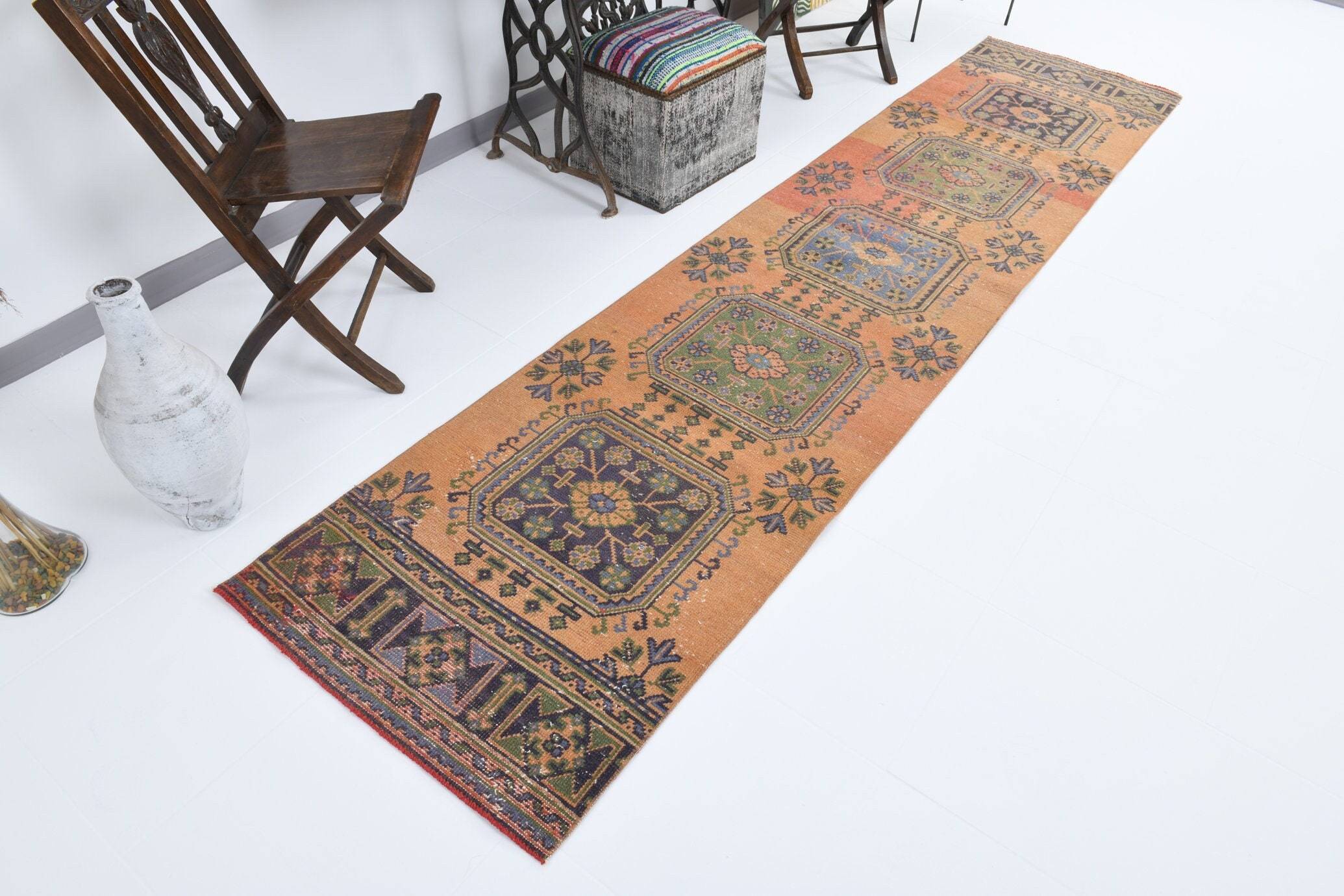 2' x 11' Vintage rug, Cotton Vintage rug, Dorm Vintage rug, Entryway-Hallway Vintage rug, Kitchen-Dining Vintage rug, Living Room Vintage rug, Office Vintage rug, Orange Vintage rug, Oriental Vintage rug, Rustic-Primitive Vintage rug, Vintage Runner, Wool Vintage rug, Vintage rug